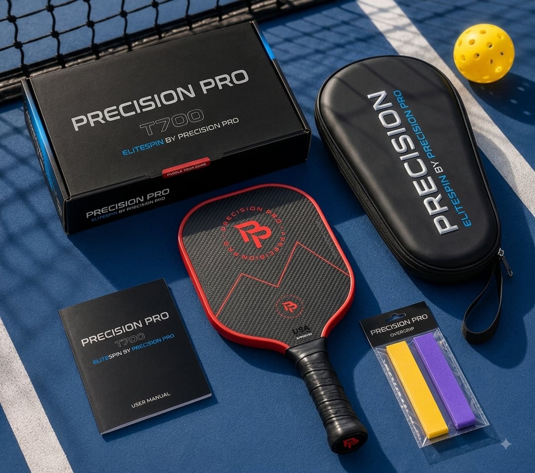The Precision Pro paddle with its case, overgrips and manual, laid out courtside